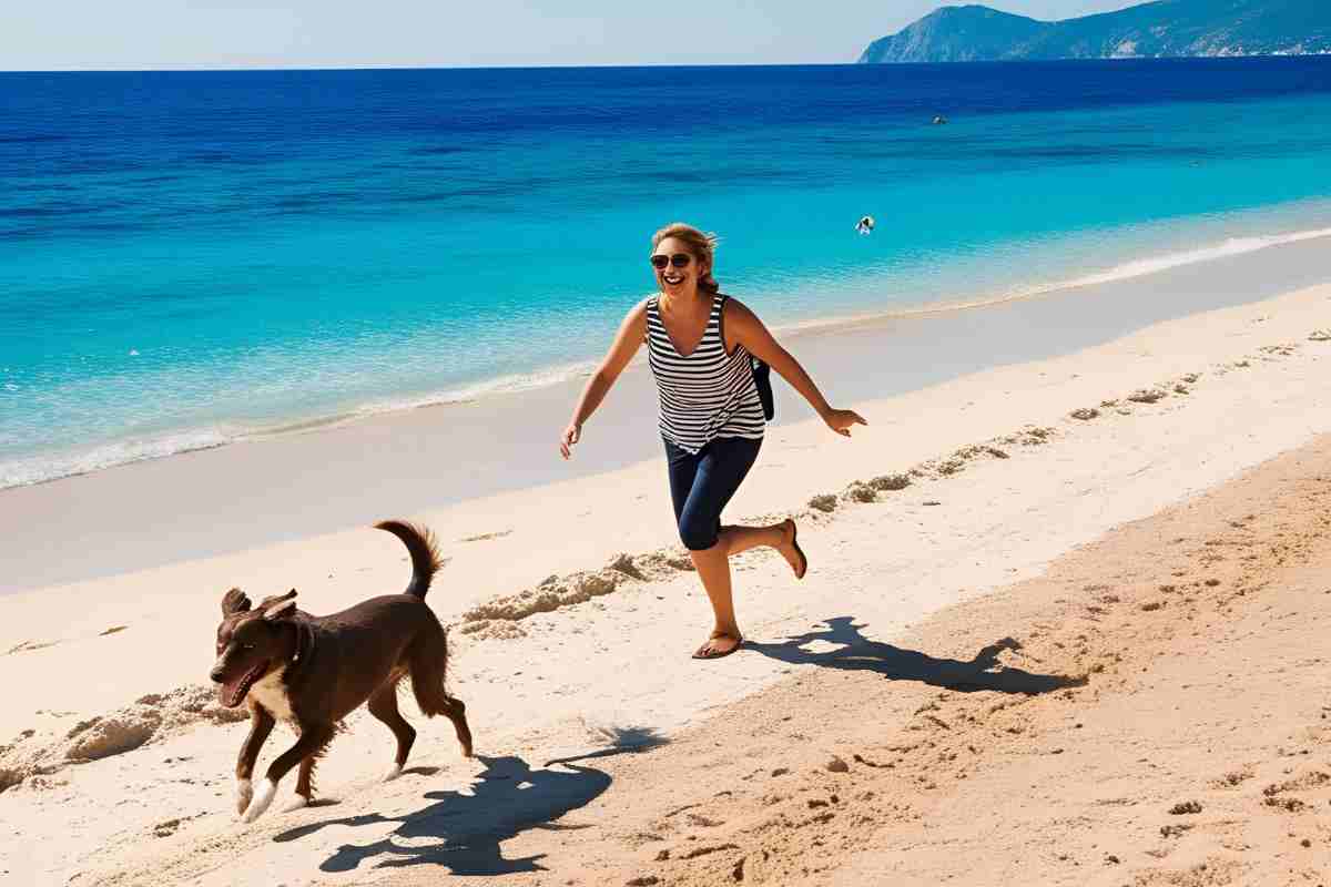 donna corre col cane in riva al mare
