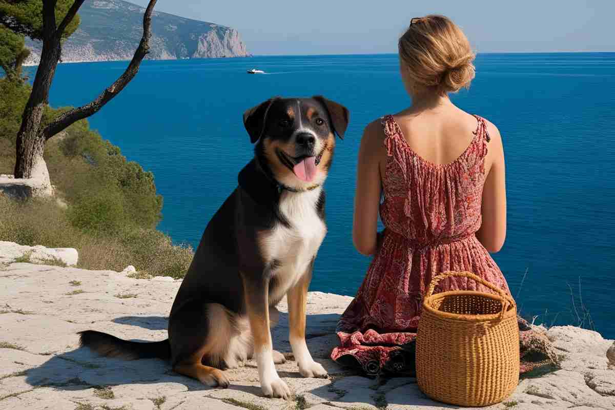 Un cane e di spalle la proprietaria davanti al mare calabrese