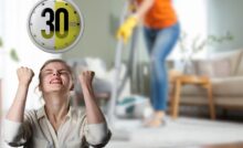 donna che pulisce cucina e un'altra che esulta con timer 30 minuti